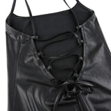 Women Sexy Suspender Mid-length Dress PU Fashion Solid Color Leather Bandage Backless Skinny Split Bodycon Dress Summer-Outfit