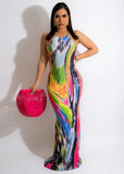 Multicolor Sexy Halter Sleeveless Print Maxi