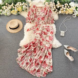Pink/Blue Floral Print Chiffon 2pcs Set Women Boho Chic Bandage Short Tops + High Waist Mermaid Skirt Female Sets