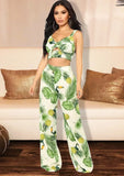 Printed Strap Crop Top and High Waist Wide Pants Two Piece