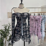 Horn Long Sleeve Bra Strap Bow With Chest Cushion Net Yarn Irregular Open Fork Tat