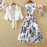 Suit Women's Fashion 2022 Summer New Korean Bandage Retro Sleeveless Printed Chiffon Dresses Chiffon Blouse Two-Piece
