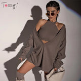 V-neck Loose Harajuku Gray Pullover Women Long-sleeved Shirt And Turtleneck Tank Top 2 Pieces Set Sexy Knitted