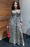 Formal Snake Skin V-Neck Long Sleeve Maxi