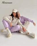 Cotton Sets Women 2021 New Autumn Winter Warm Casual Two Pieces Fleece Tops and Pants Loose Solid Sweatpants