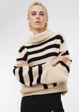Fashion Beige Stripe High Collar Slit Long Sleeve Knit