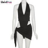Puss Sexy Hollow Out Summer Women 2 Piece Set Halter Bodysuit+Bandage Mini Skirt Vacation Party Fashion Clubwear