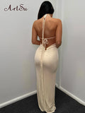 Elegant Bandage Spaghetti Strap Ruched Maxi Dress for Women Party Club Vestido Sexy Backless Draped Dresses