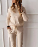 Casual Beige High Collar Long Sleeve Top And Pant Sweater 2 Piece