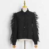 Casual White Chic Shirt For Women Lapel Long Sleeve Patchwork Feather Shirts Female Fashion New Clothing