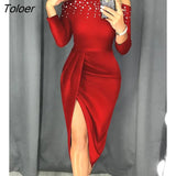 Women Fashion Elegant Autumn Solid Off Shoulder Beaded Ruched Party Dress Spring Long Sleeve Midi