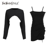 TWOTWINSTYLE Plain Suit For Women Sexy Slim Drawstring Sling Dress With O Neck Long Sleeve Pullover Female Set Female 2022