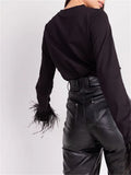 Fur Feather Patchwork Shirts 2023 Elegant Women Spring Summer Long Sleeve Slim Office Lady Shirts Blouses O-neck Tops-Outfit