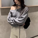 Korean Chic Spring French Temperament Irregular Oblique Collar Open Shoulder Loose Casual Tie Long-Sleeved Sweater Woman-Outfit