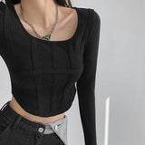 Solid Long Sleeves Bodycon Patchwork Sexy Crop Top 2021 Summer Women Fashion Slit T-Shirts Outfits Underwear