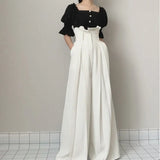 Elegant Loose Women Full Length Pants High Waist Tunic Patchwork Ruffles Pleated Wide Leg Pant For Female