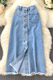 Long Denim Skirt for Women Korean Fashion Vintage Tassels High Waist Single Breasted A-line Jeans Skirt with