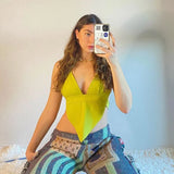 Satin V-Neck Halter Backless Party Top Sexy Rhombus Cami Tops For Women Festival Green Crop Tops Chic E-girl Mini