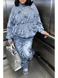 Two Piece Sets Women Hooded Print Full Sleeve Splice Denim Tops 2023 Autumn Loose Casual Long Pants Set Pockets-Outfit