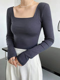 square-neck t-shirt women's slim-fit exposed collarbone low-neck short top bottoming shirt-Outfit