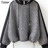 Autumn Winter Hoodies Women High Waist Casual Hoodie Korean High Luxury Loose Striped Plus Velvet Thick Short Hooded