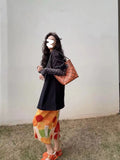 Folded Large Flower Print Half Skirt Summer Skirt Long Design Sense Niche High-Waist Print Half-Body