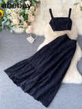 Women Hollow Out Two Piece Set Vintage Sleeveless Slash Neck Tank Tops + High Waist Long Skirt Ladies White/Green 2pc