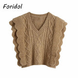 Foridol Knitted Sweater Vest Women Ruffle Vintage Sleeveless V Neck Brown Waistcoat Thick Autumn Winter Twist Vest Pullover