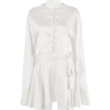 Graduation party gift New Summer White Dress Casual Satin Two-piece Set Ladies O-neck Button Top Bandage Pencil Skirt Costume Fashion Party