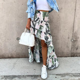 Women Long Skirt Summer Beach Style Floral Printed High Waist Casual Skirt Ins Asymmetrical Bottom Fashion Skirt