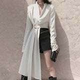 White Asymmetrical Jacket For Women V Neck Long Sleeve High Waist With Sashes Coats Female Fashion Clothes 2020