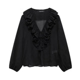 Early And Early Autumn New French Sweet V-Neck Thin Long-Sleeved Lotus Leaf Shirt Top