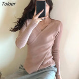 2023 Spring Autumn Ribbed V-neck Pullover Women Basic Solid Color Knitted Sweater Woman Slim Fit Long Sleeve Jumper