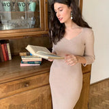 WOTWOY V-Neck Wrapped Knitted Dress Women Autumn Solid Sheath Sweater Dresses Women Knee-Length Bodycon Long Sweater Female