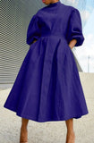 Turtleneck Puff Sleeve Pleated Long Skater