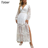 2023 Summer Boho Women Maxi Dress Loose Embroidery White Lace long Tunic Beach Dress Vacation Holiday Women