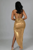 Sexy Halter Sleeveless Solid Metallic Pleated Asymmetrical Club