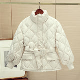 Korean Chic Autumn And Winter French Gentle Standing Collar Wave Embossed Design With Waist Long Sleeve Padded Coat Female-Outfit