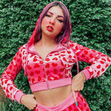 Y2K Pink Print Sweet Kawaii Women Crop Top Hoodies Long Sleeve Fashion Grunge Skinny Female Sweatshirt