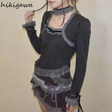 Tshirts for Women 2023 Ropa Mujer Long Sleeve Square Collar Patchwork Lace Tunic Tees Chic Irregular Vintage T-shirt Tops-Outfit