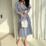 Autumn New Striped Single Breasted Medium Length Shirt Straight Casual Woman