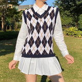 Argyle Knitted Sweater Vintage V Neck Sleeveless Casual Vest Y2K Pullover Women 2020 Sweater vest, knitted sweater,