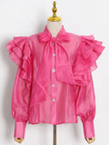 Solid Casual Shirt For Women Bow Collar Butterfly Sleeve Patchwork Buttons Loose Shirts Female 2022 Autumn