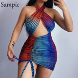 Fashion Halter Lace Up Ruched Sexy Club Wrap Tie Dye Backless Party Dress Women Summer 2021 Bodycon Hollow Out