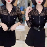 Women's Clothing Sexy Lace Sheer Shirt 2023 Spring Summer Long Sleeve Slim Fashion Pockets Spliced Casual Single-breasted Blouse-Outfit