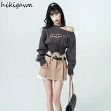 Women Streetwear Fashion Tops Korean Clothes for Teens Long Sleeve Off Shoulder Bandage Pullovers Goth Y2k Sweatshirt-Outfit