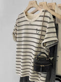 Jacquard Striped T-Shirt Women's Short-Sleeved Summer 2024 New Shoulder Blouse Retro Trend-Outfit