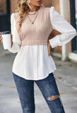 Fake Two Shirts For Women 2023 Casual O-neck Puff Sleeve Wave Blouse Autumn Fashhion Slim Button Top Femme-Outfit