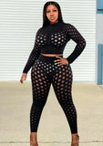 Plus Size Sexy Mesh Dot See Through Long Sleeve Top And Pant 2 Piece Sets 703-1-Outfit