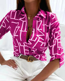 Letter Print Office Shirt Autumn Women Lapel Long Sleeve Single Breasted Blouse Elegant Pocket Camisas De Mujer